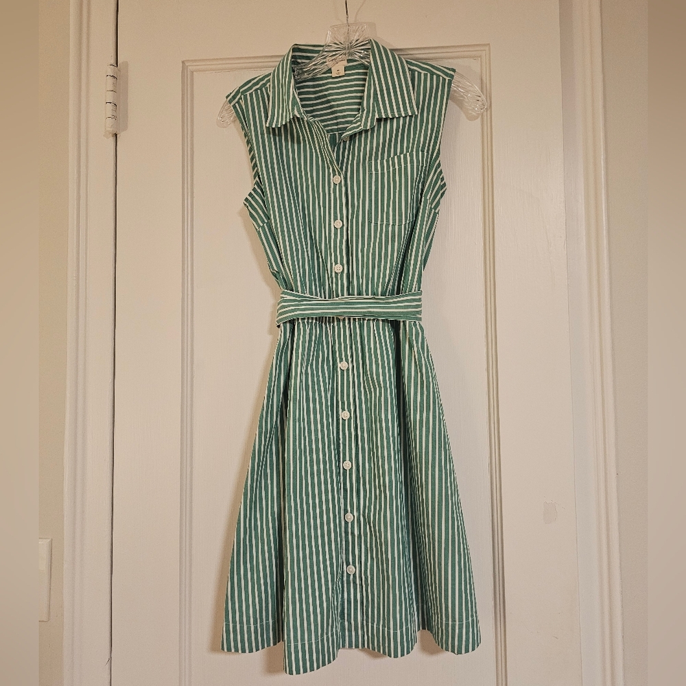 Crewcuts Green and White Striped Tie-Waisted Shirt Dress